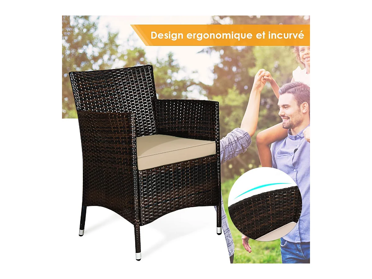 4-delige PE-rotan tuinmeubelset, belasting 160-320 kg, tuinmeubelset met kussens en salontafel van gehard glas voor patio, balkon, terras, bruin+geelachtig