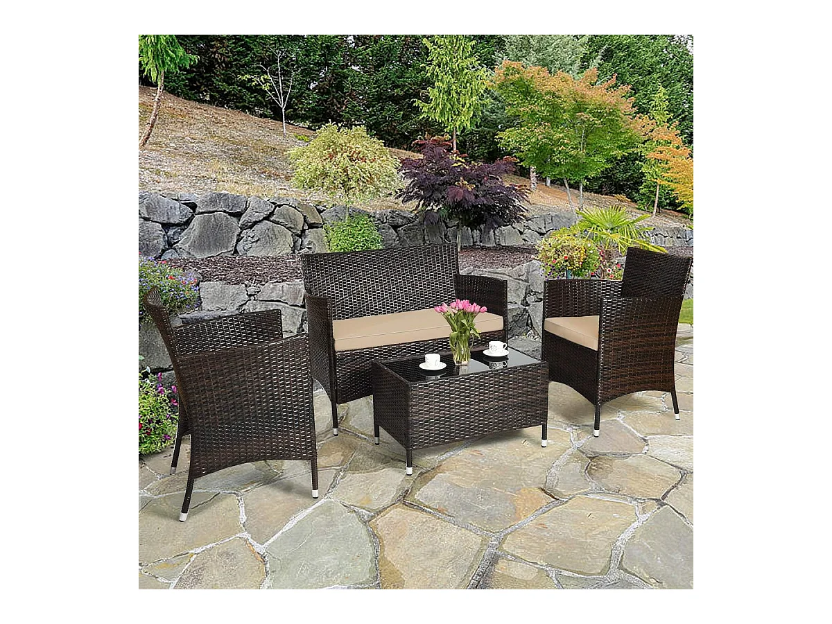 4-delige PE-rotan tuinmeubelset, belasting 160-320 kg, tuinmeubelset met kussens en salontafel van gehard glas voor patio, balkon, terras, bruin+geelachtig