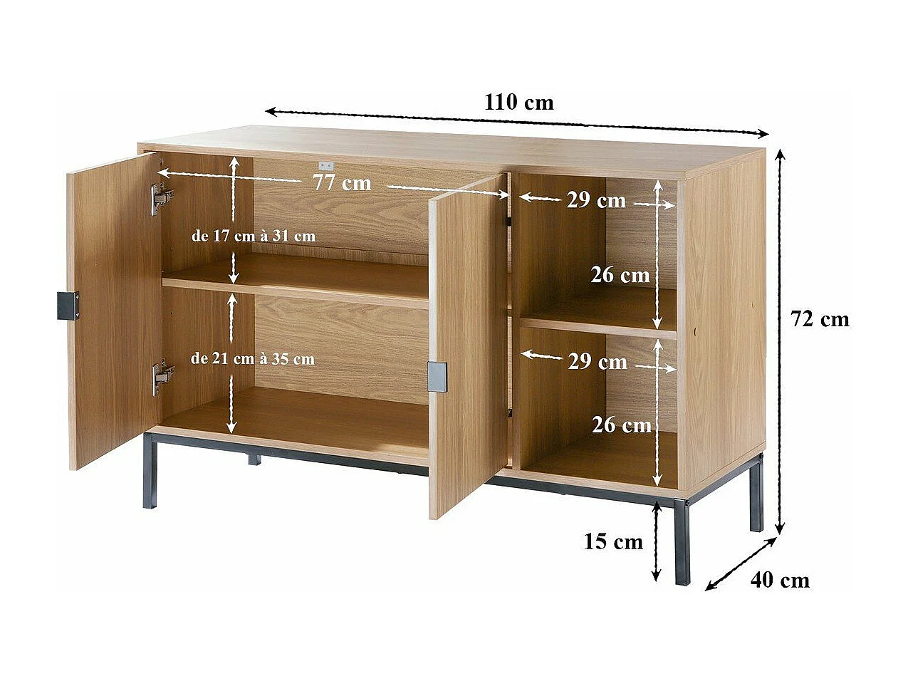 Dressoir met 2 deuren en 2 open vakken in groefhoutlook L110 cm - TARA