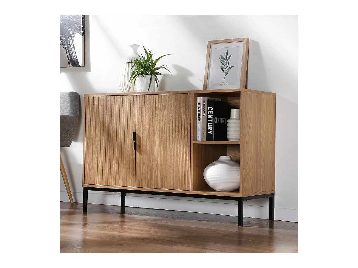 Buffet 2 portes 2 niches ouvertes effet bois rainuré L110 cm - TARA