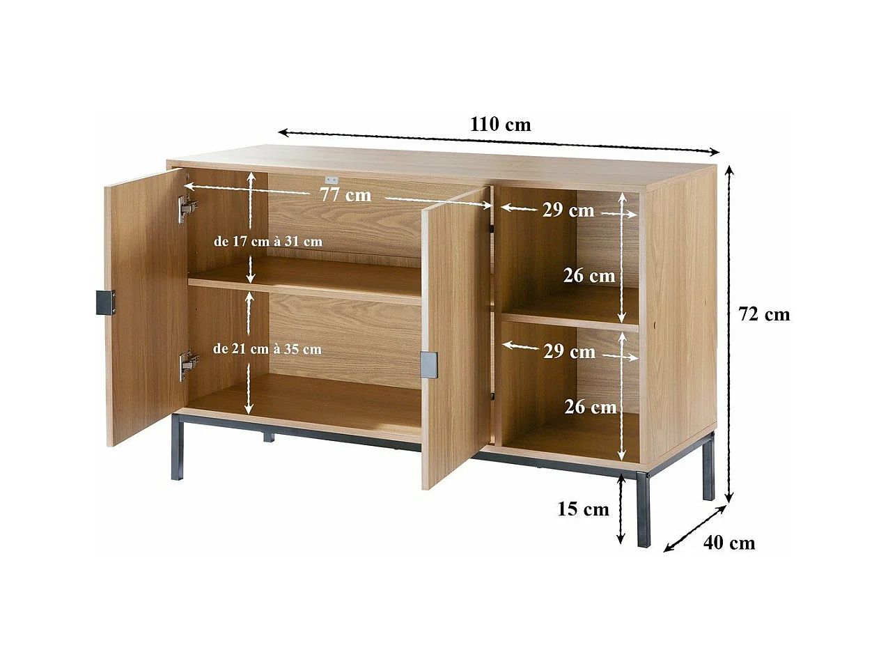 Buffet 2 portes 2 niches ouvertes effet bois rainuré L110 cm - TARA