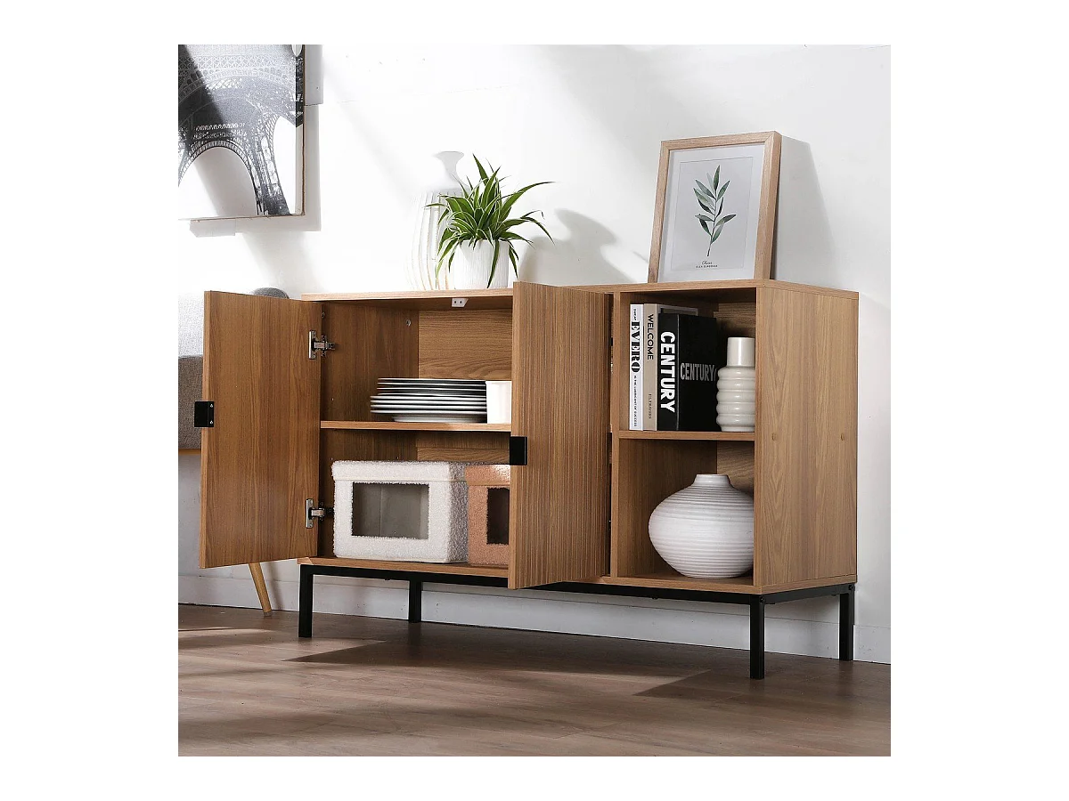 Buffet 2 portes 2 niches ouvertes effet bois rainuré L110 cm - TARA