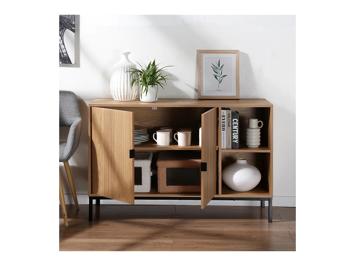 Buffet 2 portes 2 niches ouvertes effet bois rainuré L110 cm - TARA