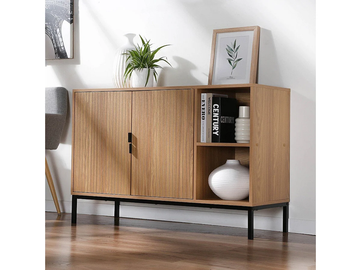 Buffet 2 portes 2 niches ouvertes effet bois rainuré L110 cm - TARA