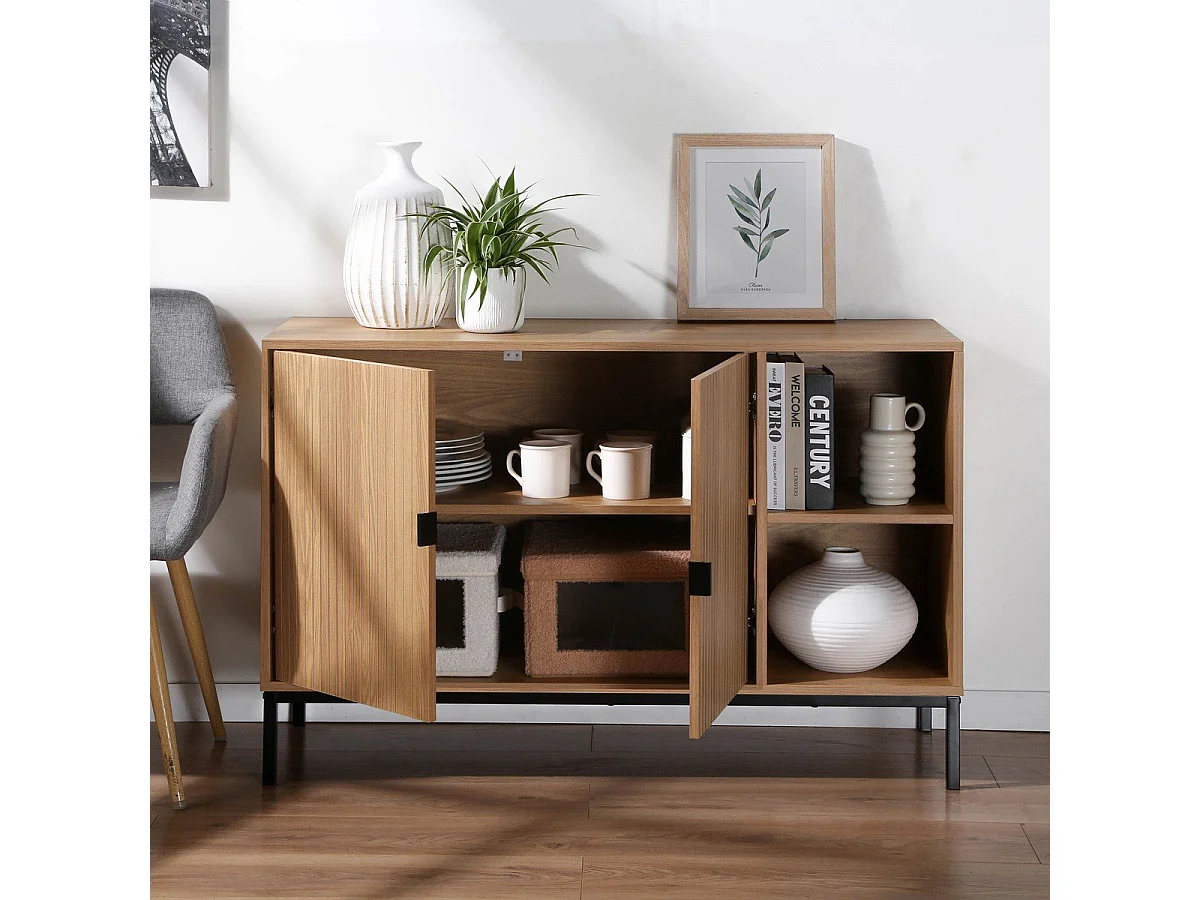 Buffet 2 portes 2 niches ouvertes effet bois rainuré L110 cm - TARA