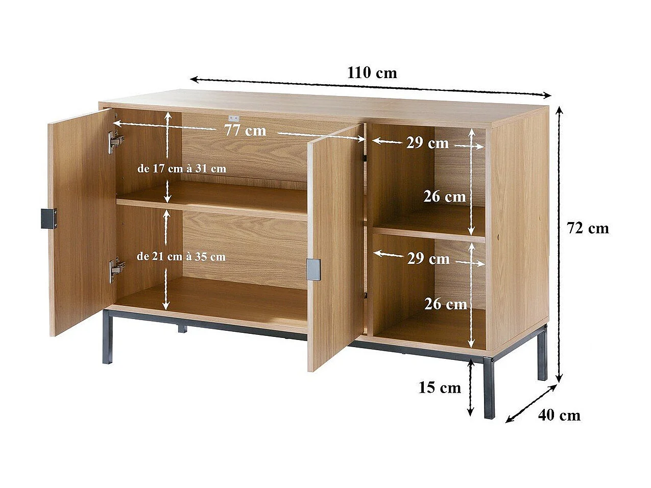 Buffet 2 portes 2 niches ouvertes effet bois rainuré L110 cm - TARA