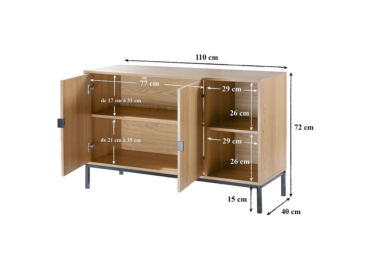 Buffet 2 portes 2 niches ouvertes effet bois rainuré L110 cm - TARA