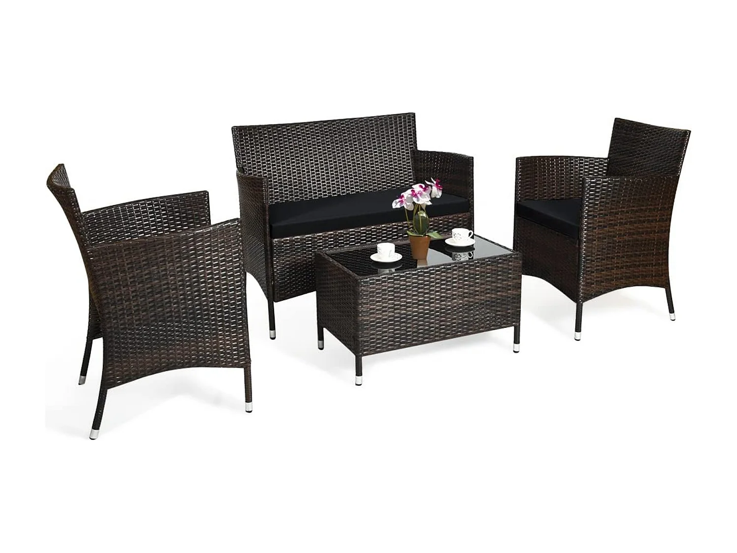 Salon de Jardin 4 Pièces en Rotin et fibre naturelle PE Charge 160-320KG, avec Coussins et Table Basse en Verre Trempé pour Patio Balcon Terrasse