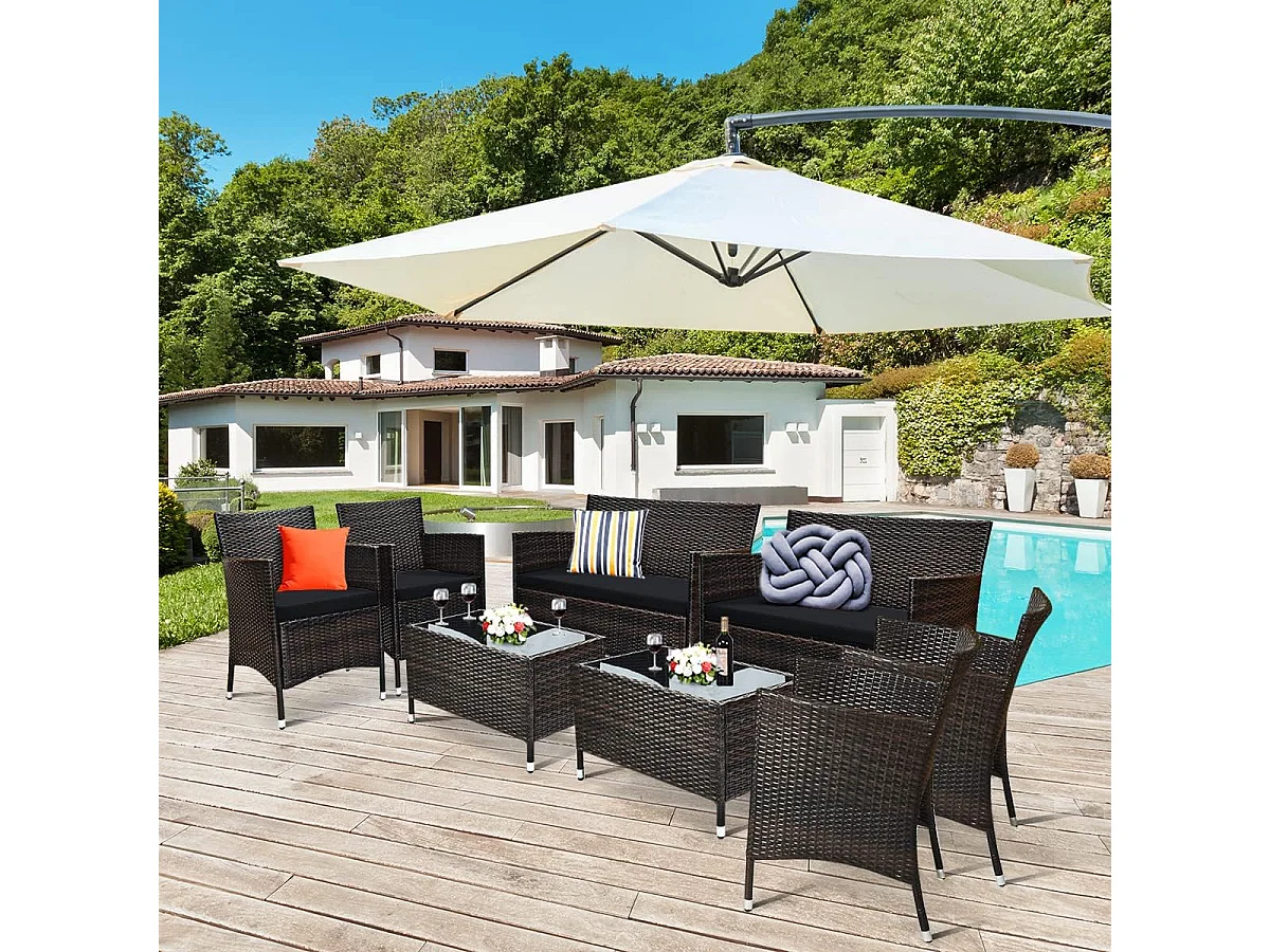 Salon de Jardin 4 Pièces en Rotin et fibre naturelle PE Charge 160-320KG, avec Coussins et Table Basse en Verre Trempé pour Patio Balcon Terrasse