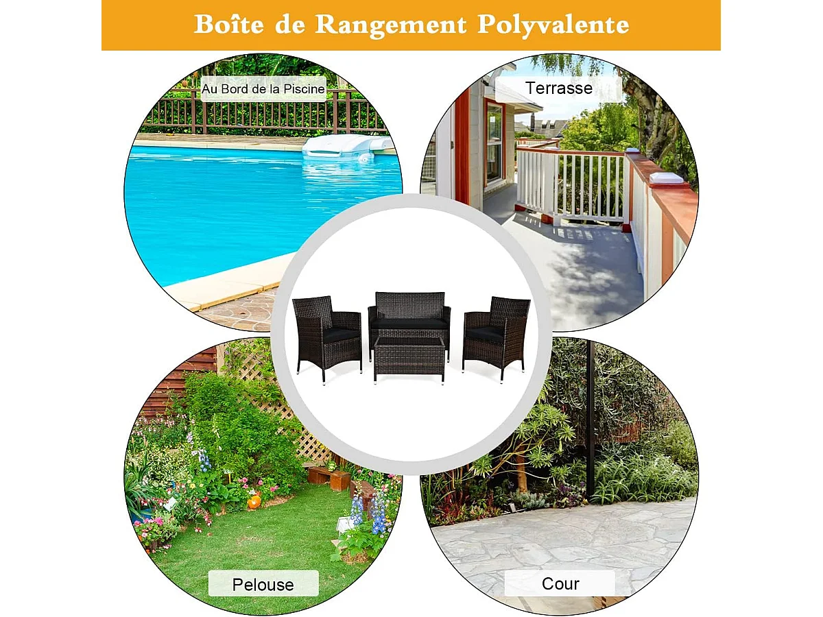 Salon de Jardin 4 Pièces en Rotin et fibre naturelle PE Charge 160-320KG, avec Coussins et Table Basse en Verre Trempé pour Patio Balcon Terrasse