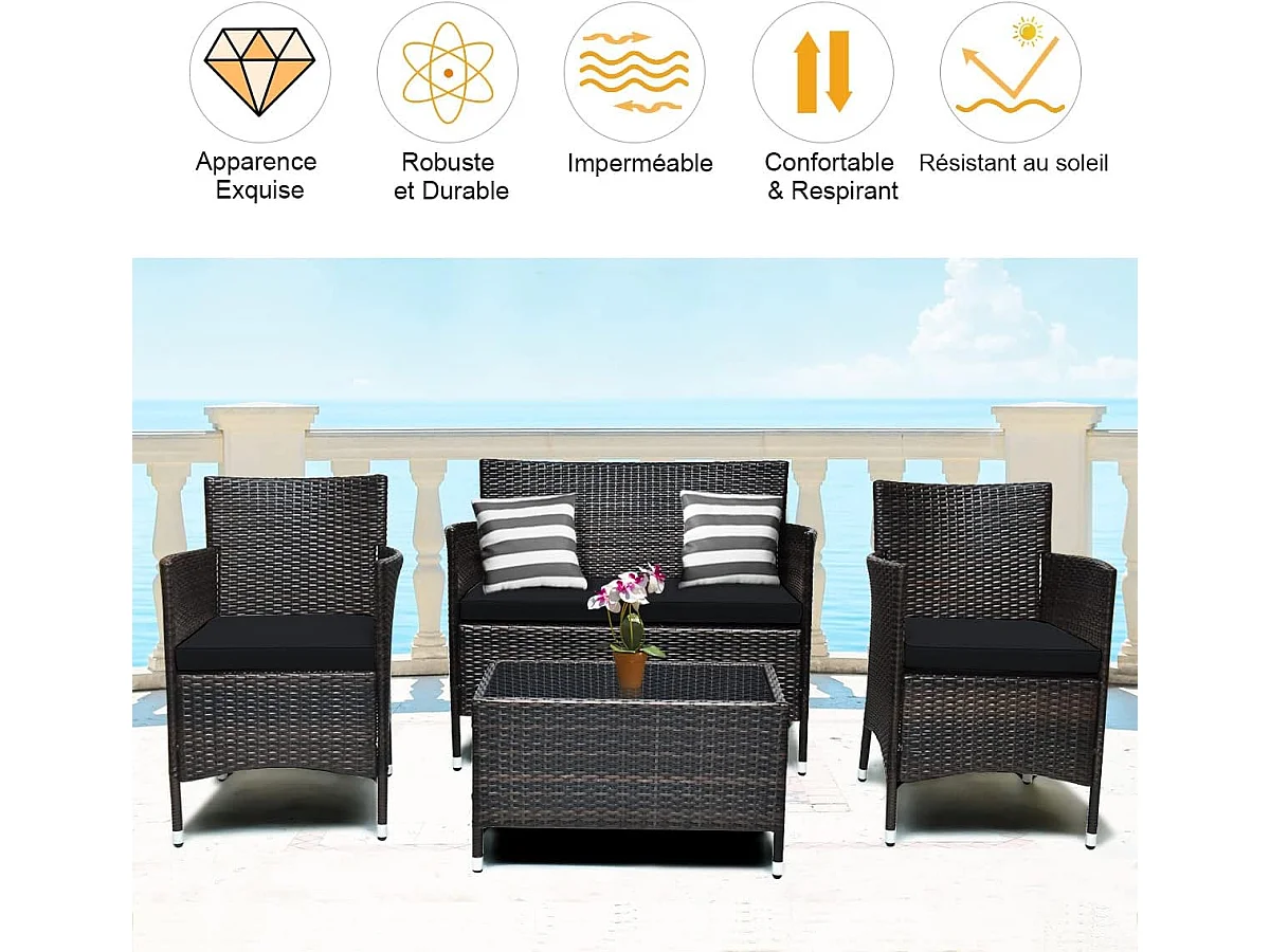 Salon de Jardin 4 Pièces en Rotin et fibre naturelle PE Charge 160-320KG, avec Coussins et Table Basse en Verre Trempé pour Patio Balcon Terrasse