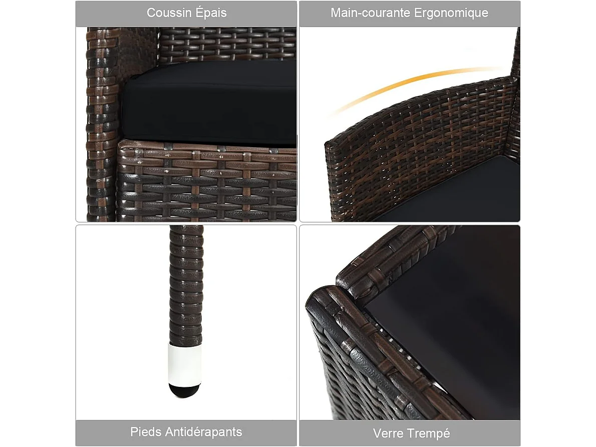 Salon de Jardin 4 Pièces en Rotin et fibre naturelle PE Charge 160-320KG, avec Coussins et Table Basse en Verre Trempé pour Patio Balcon Terrasse