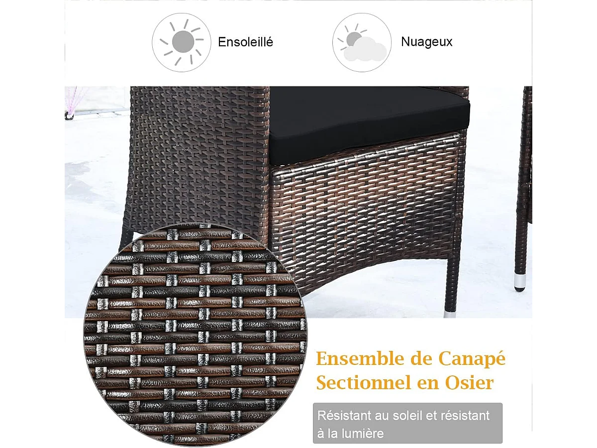 Salon de Jardin 4 Pièces en Rotin et fibre naturelle PE Charge 160-320KG, avec Coussins et Table Basse en Verre Trempé pour Patio Balcon Terrasse