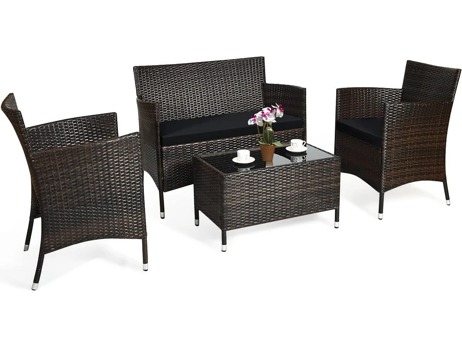 Salon de Jardin 4 Pièces en Rotin et fibre naturelle PE Charge 160-320KG, avec Coussins et Table Basse en Verre Trempé pour Patio Balcon Terrasse