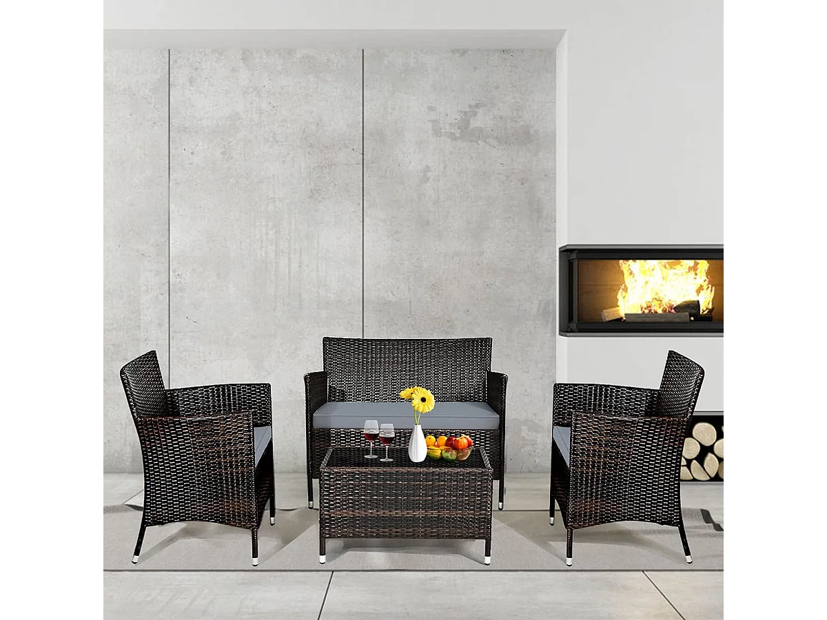 Salon de Jardin 4 Pièces en Rotin PE Charge 160-320KG, Ensemble de Meubles d'Extérieur avec Coussins et Table Basse en Verre Trempé pour Patio Balcon Terrasse, Marron+Gris