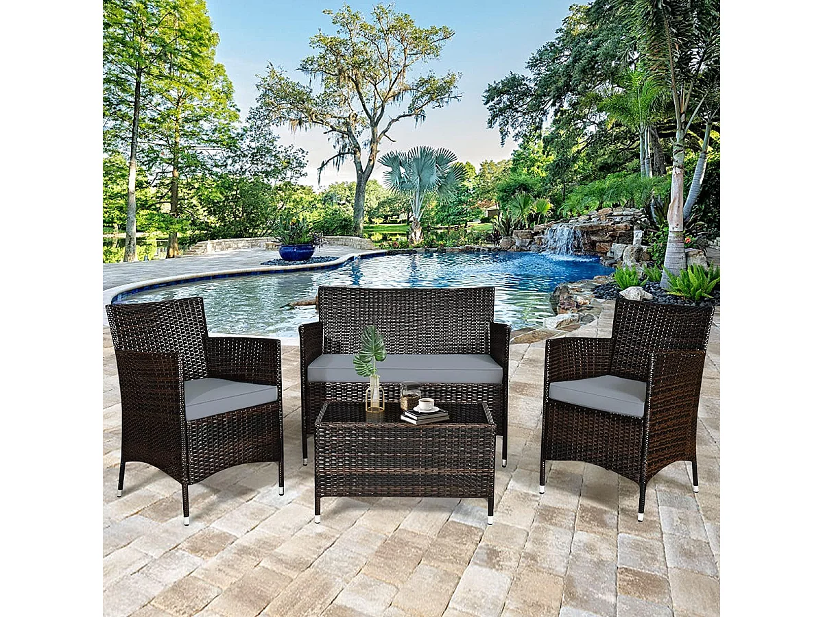 Salon de Jardin 4 Pièces en Rotin PE Charge 160-320KG, Ensemble de Meubles d'Extérieur avec Coussins et Table Basse en Verre Trempé pour Patio Balcon Terrasse, Marron+Gris