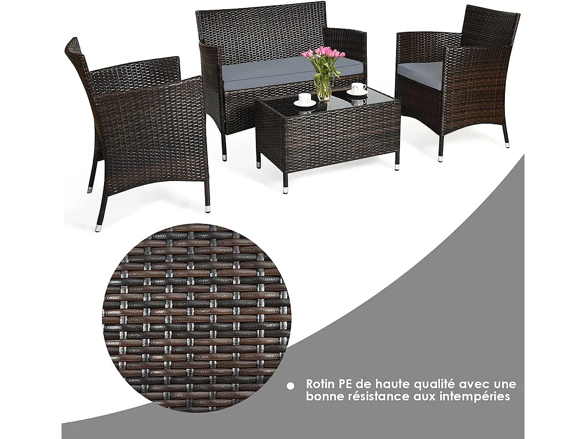 Salon de Jardin 4 Pièces en Rotin PE Charge 160-320KG, Ensemble de Meubles d'Extérieur avec Coussins et Table Basse en Verre Trempé pour Patio Balcon Terrasse, Marron+Gris