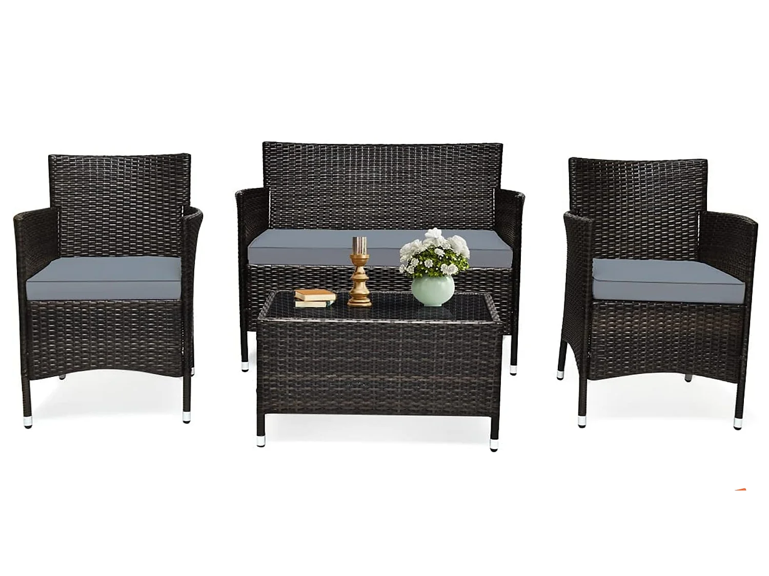 Salon de Jardin 4 Pièces en Rotin PE Charge 160-320KG, Ensemble de Meubles d'Extérieur avec Coussins et Table Basse en Verre Trempé pour Patio Balcon Terrasse, Marron+Gris