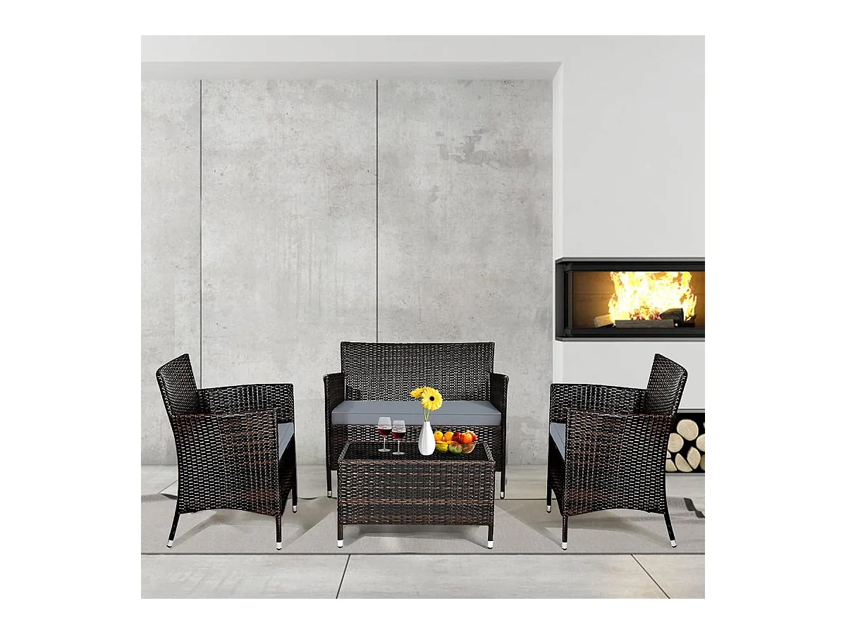Salon de Jardin 4 Pièces en Rotin PE Charge 160-320KG, Ensemble de Meubles d'Extérieur avec Coussins et Table Basse en Verre Trempé pour Patio Balcon Terrasse, Marron+Gris