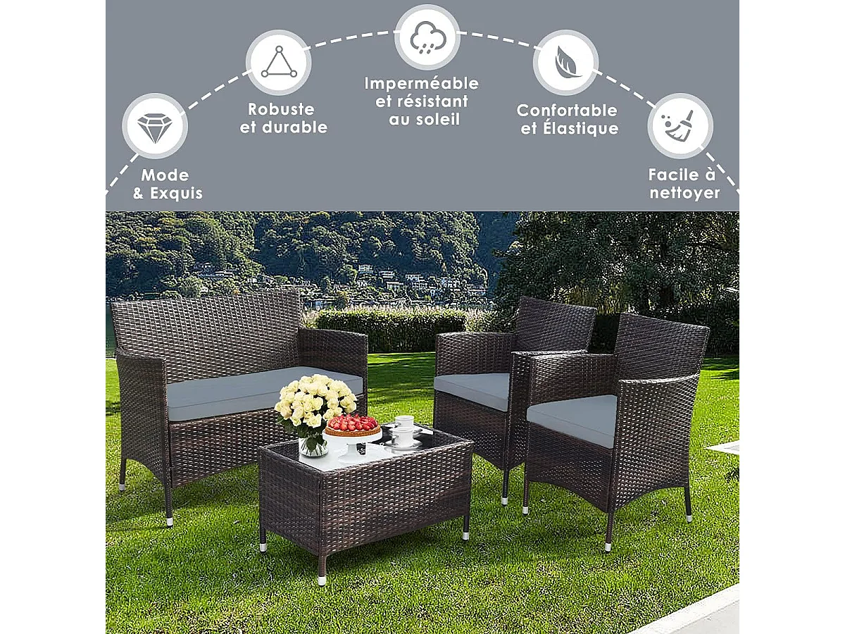 4-delige PE-rotan tuinmeubelset Belasting 160-320 kg, tuinmeubelset met kussens en salontafel van gehard glas voor terras, balkonterras, bruin+grijs