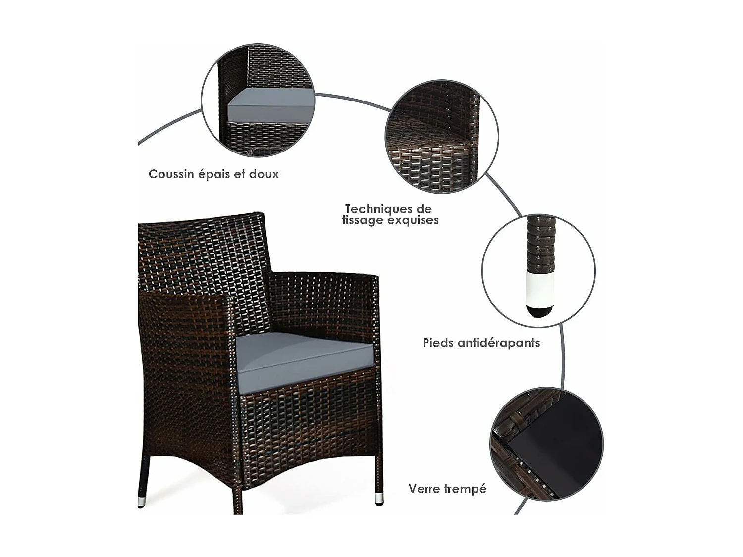 4-delige PE-rotan tuinmeubelset Belasting 160-320 kg, tuinmeubelset met kussens en salontafel van gehard glas voor terras, balkonterras, bruin+grijs