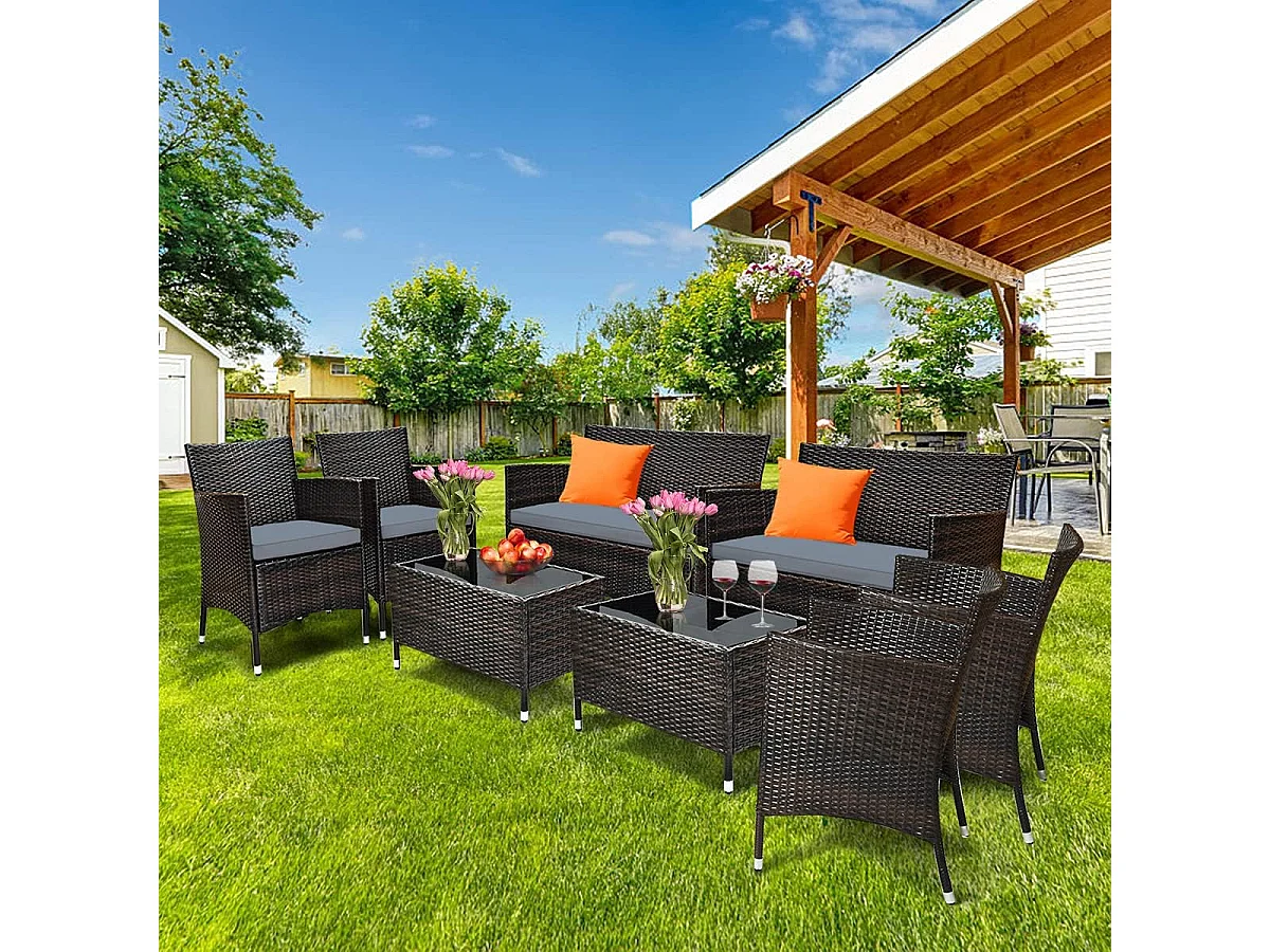 4-delige PE-rotan tuinmeubelset Belasting 160-320 kg, tuinmeubelset met kussens en salontafel van gehard glas voor terras, balkonterras, bruin+grijs