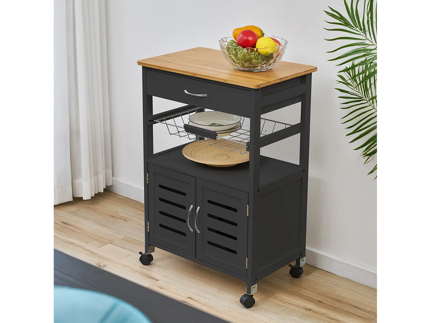 SVITA desserte de cuisine sur roulettes avec plan de travail panier en bois noir