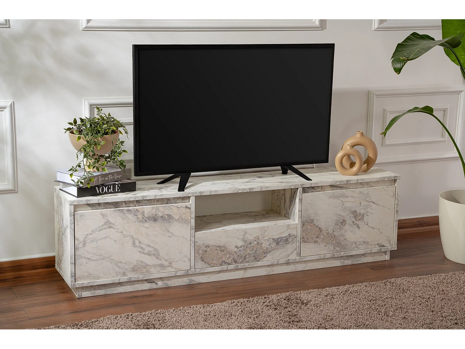 Meuble tv moderne 3 portes basculantes Diazon L160cm Effet marbre