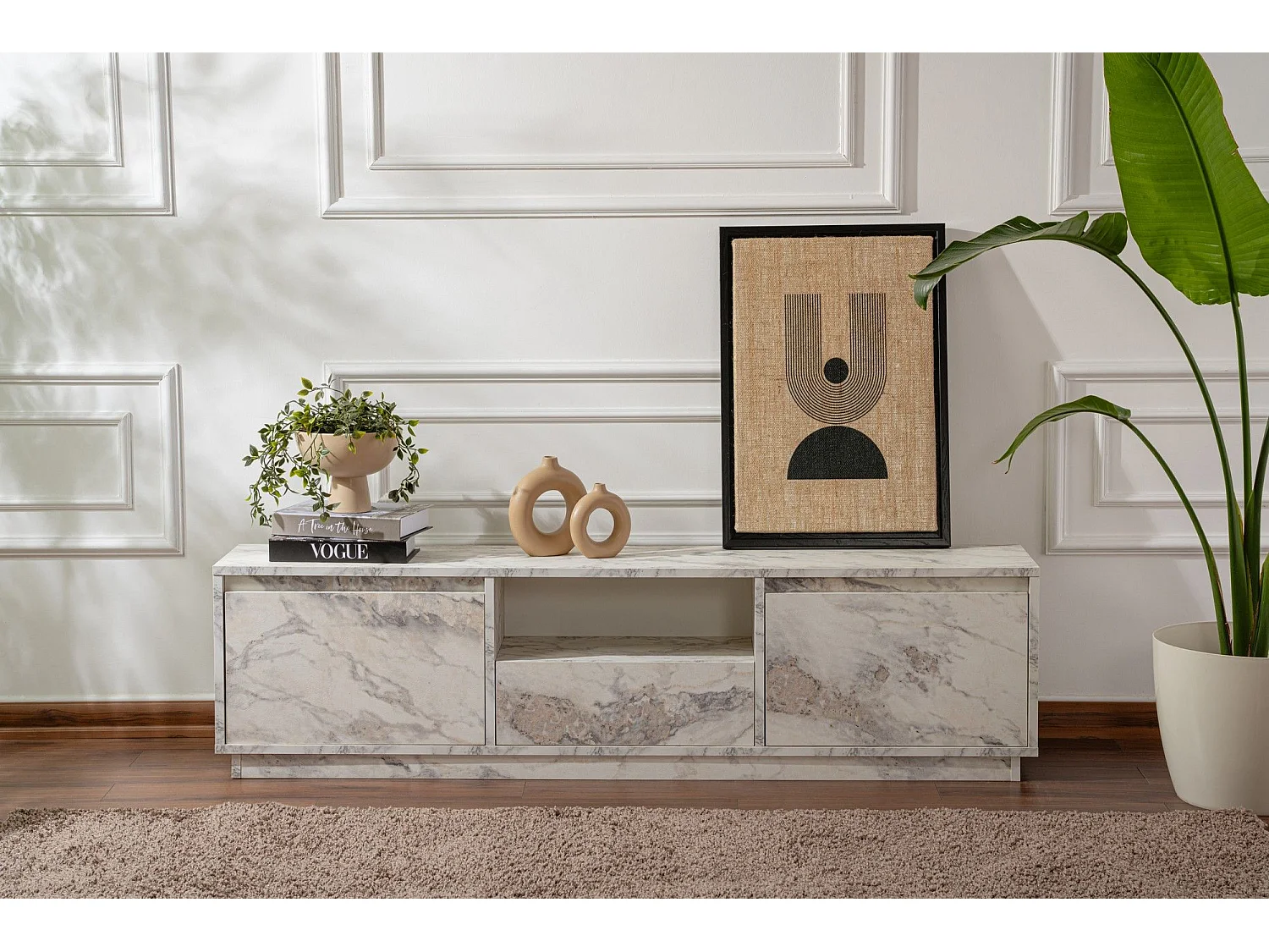 Meuble tv moderne 3 portes basculantes Diazon L160cm Effet marbre