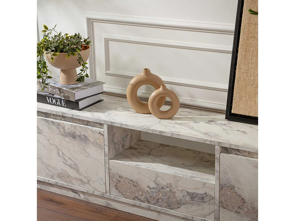 Meuble tv moderne 3 portes basculantes Diazon L160cm Effet marbre