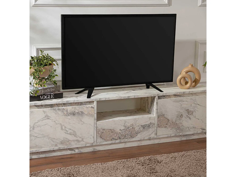Meuble tv moderne 3 portes basculantes Diazon L160cm Effet marbre