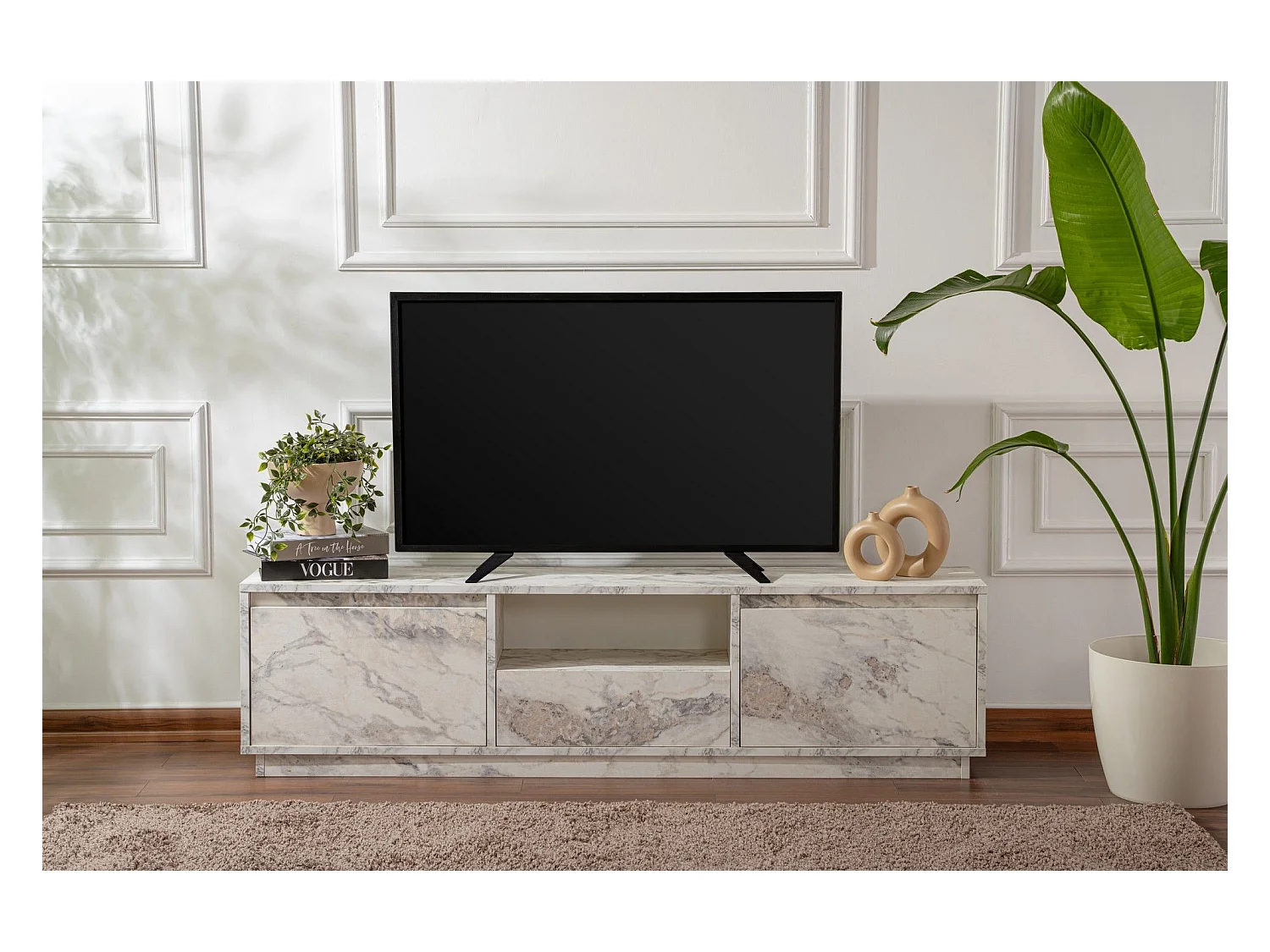 Meuble tv moderne 3 portes basculantes Diazon L160cm Effet marbre