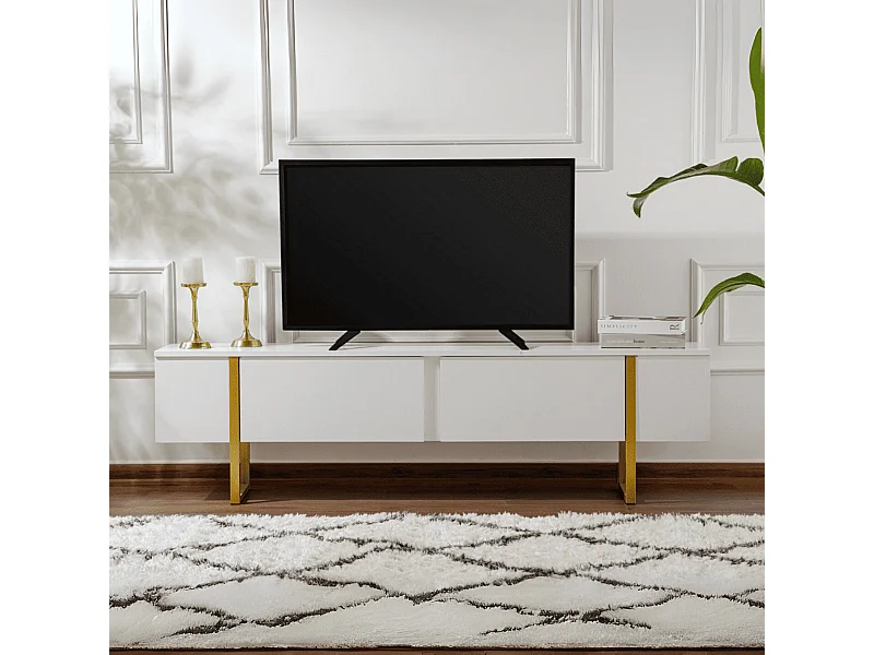 Móvel de TV moderno Domenica Branco e Ouro com 2 portas basculantes