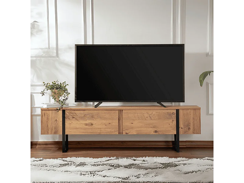 Modernes TV-Möbel Domenica mit 2 kippbaren Türen L180cm Dunkles Holz und Schwarz