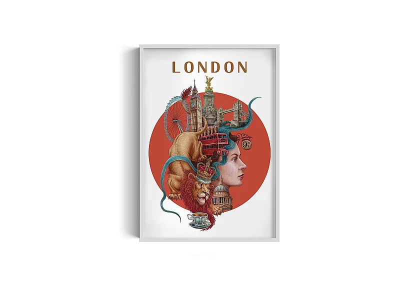 Gerahmtes Bild, britisches Stadtdekor, weißes Rahmenbild London, 70x100 cm Londoner Kunst, Londoner Stadtdruck.