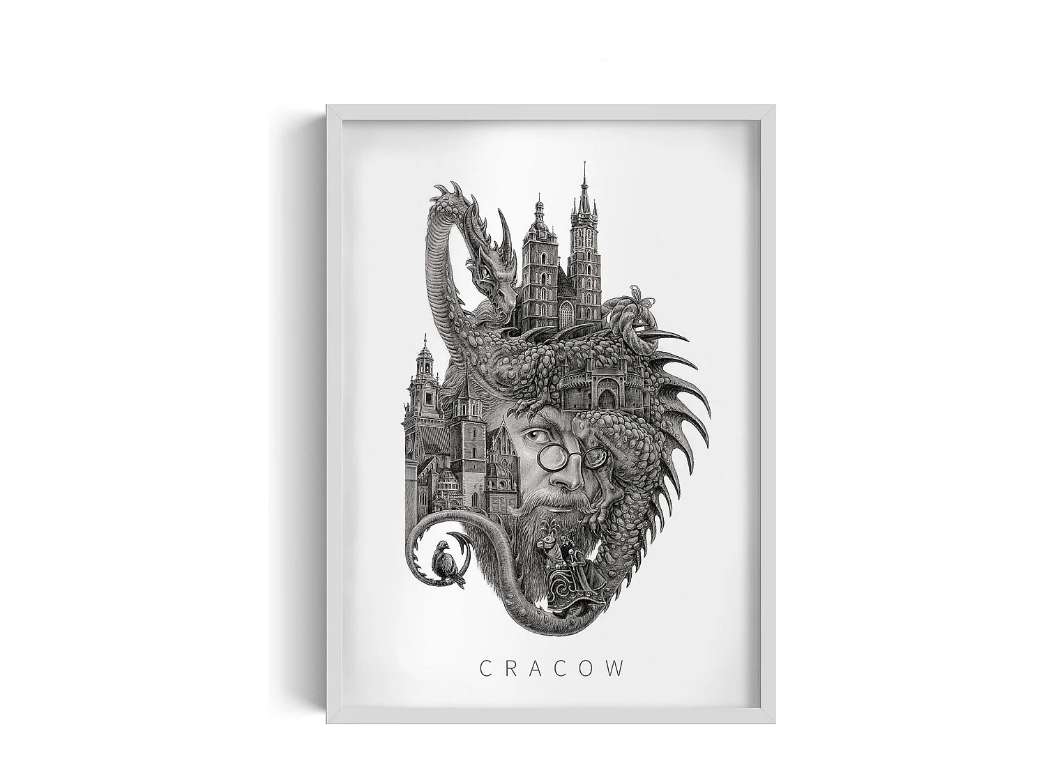 Bild im Rahmen, gerahmtes polnisches Stadtdekor, Krakauer weißer Rahmenkunst, Krakauer minimalistischer Wanddruck 50x70 cm