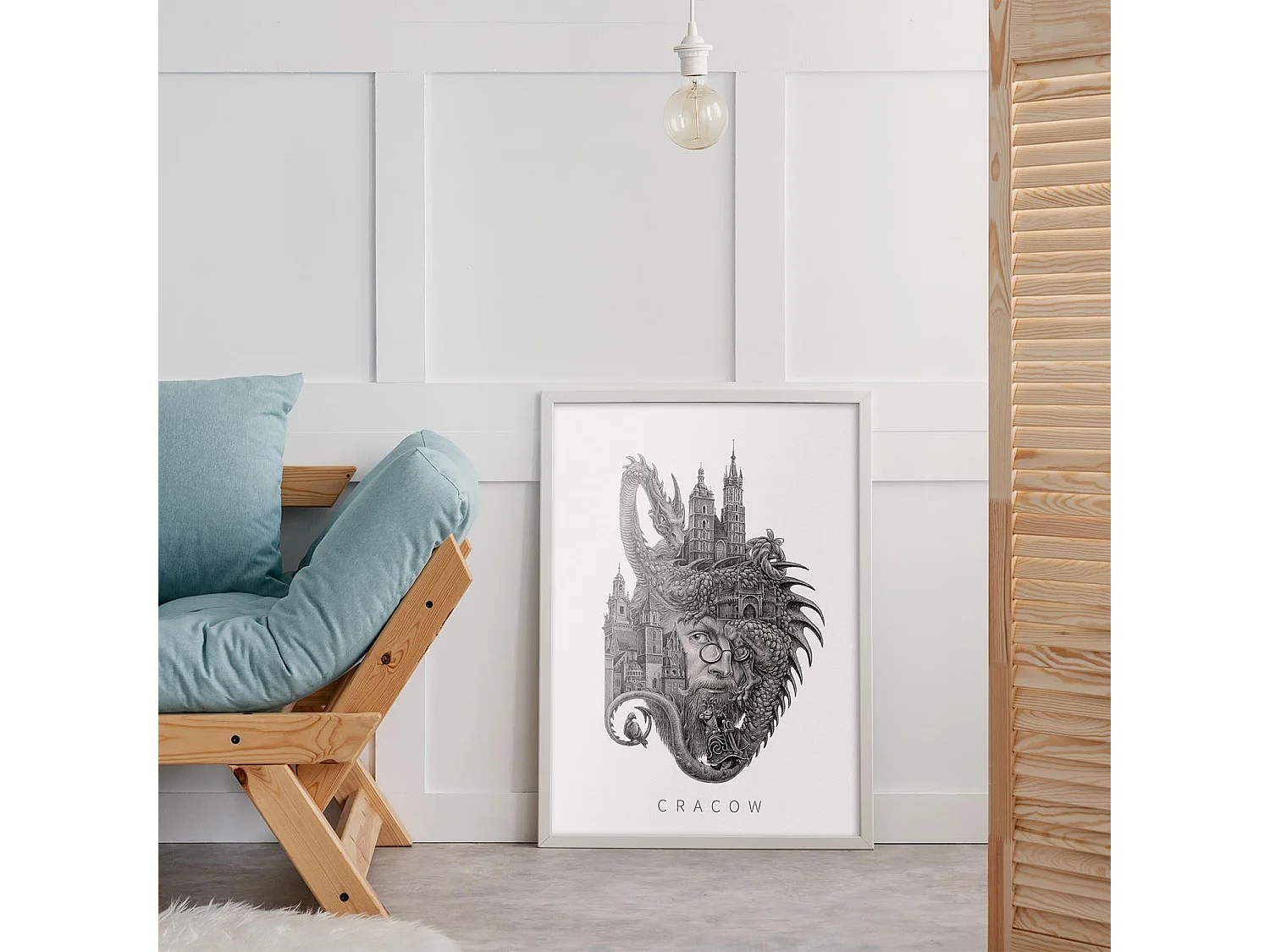 Bild im Rahmen, gerahmtes polnisches Stadtdekor, Krakauer weißer Rahmenkunst, Krakauer minimalistischer Wanddruck 50x70 cm