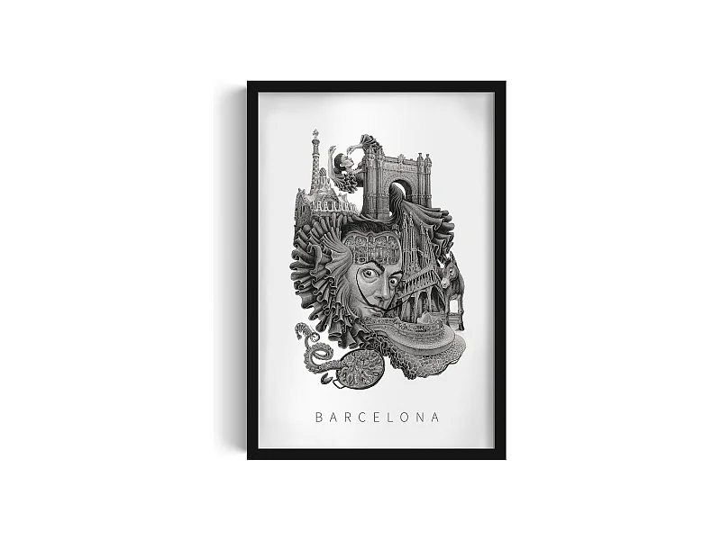Image encadré, décor espagnol vibrant, cadre noir art Barcelone, imprimé ville minimaliste Barcelone, 40x60 cm.