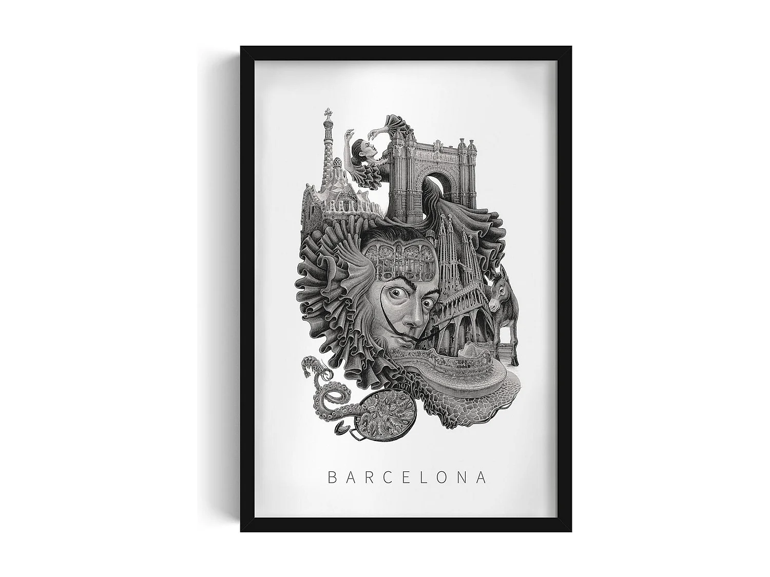 Gerahmtes Bild, lebendiges spanisches Dekor, schwarzer Rahmen der Barcelona-Kunst, minimalistischer Barcelona-Stadtdruck, 40 x 60 cm.