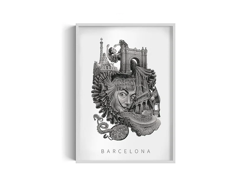 Image encadré, décor espagnol vibrant, cadre blanc art Barcelone, imprimé ville minimaliste Barcelone, 70x100 cm.