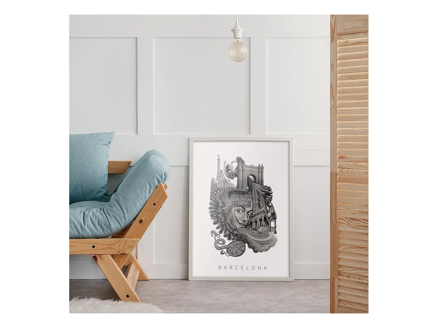 Image encadré, décor espagnol vibrant, cadre blanc art Barcelone, imprimé ville minimaliste Barcelone, 70x100 cm.
