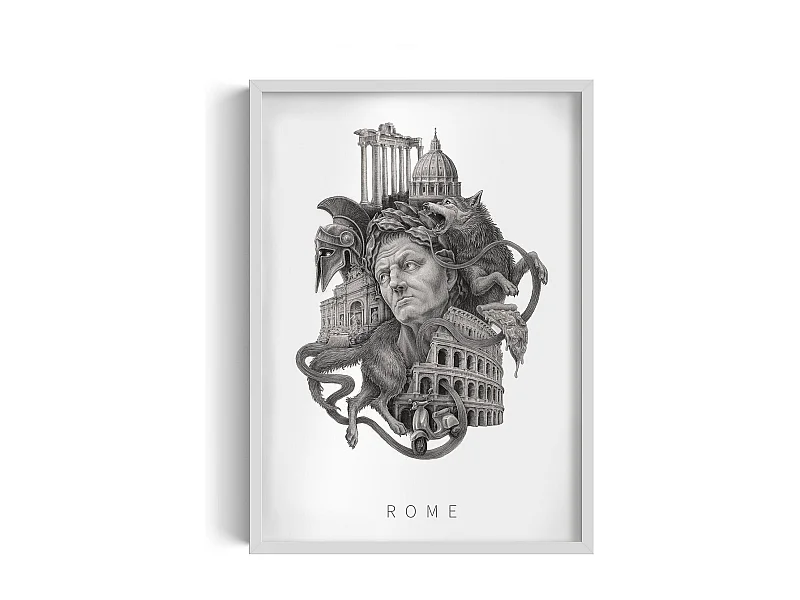 Foto in lijst, elegante Italiaanse decoratie, witte kunstlijst Rome, stadsfoto van Rome, Rome-ontwerp 50x70 cm.