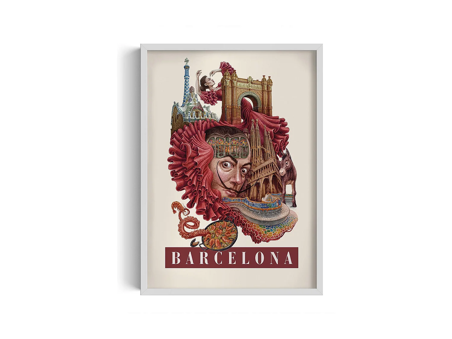 Gerahmtes Bild, spanischer Stadtdruck, weiße Rahmenkunst Barcelona, städtisches Dekor Barcelona, 50x70 cm.