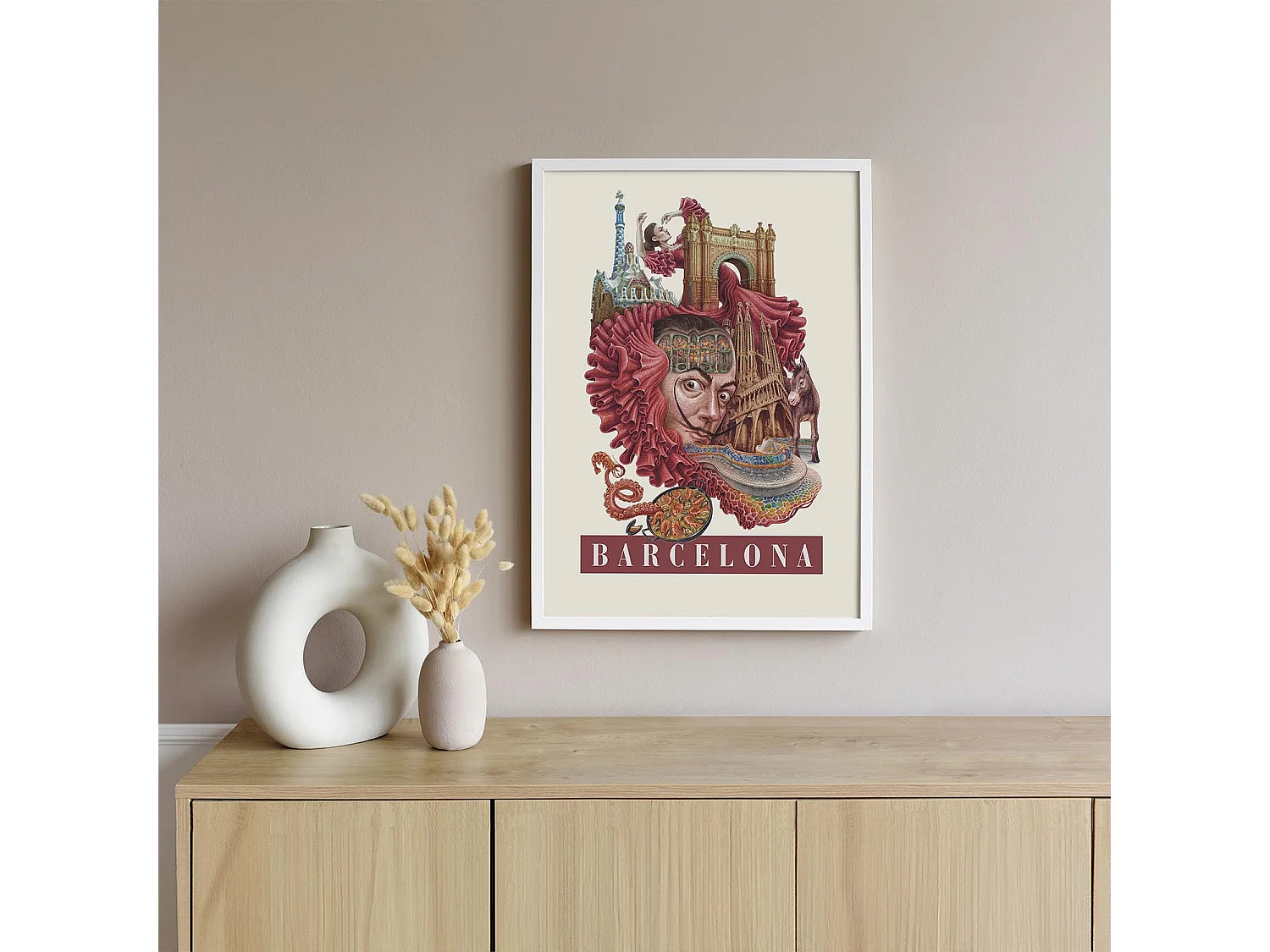 Gerahmtes Bild, spanischer Stadtdruck, weiße Rahmenkunst Barcelona, städtisches Dekor Barcelona, 50x70 cm.