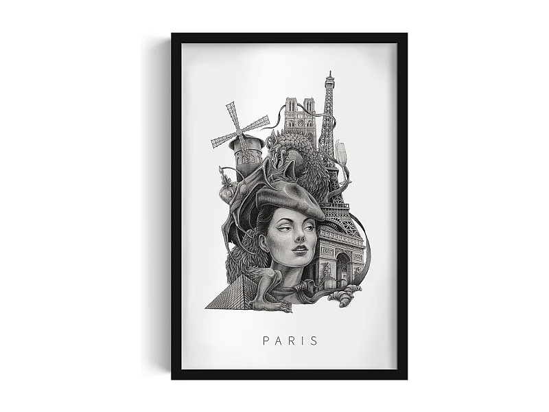 Bild im Rahmen, moderne französische Dekoration, schwarzer Rahmen der Pariser Kunst, minimalistischer Paris-Druck, Paris-Design 40x60 cm.