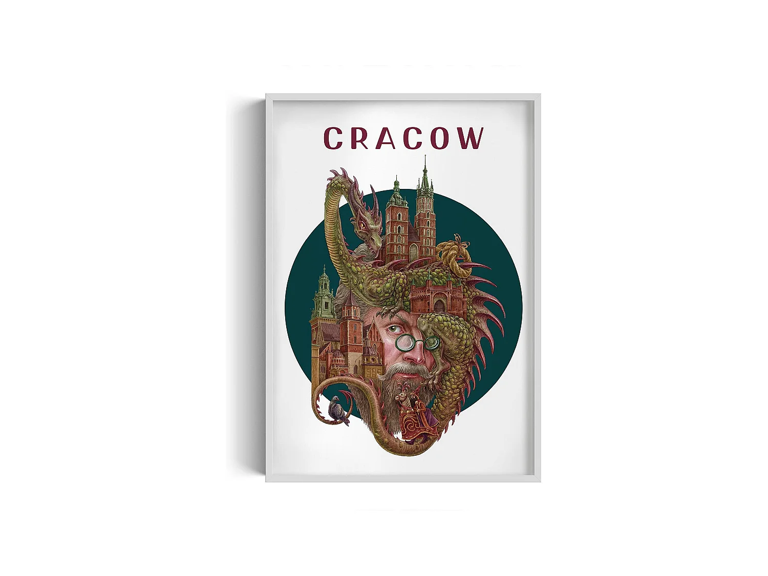 Image dans un cadre, décor de la ville polonaise, image avec cadre blanc Cracovie, 70x100 cm Art de Cracovie, imprimé urbain.