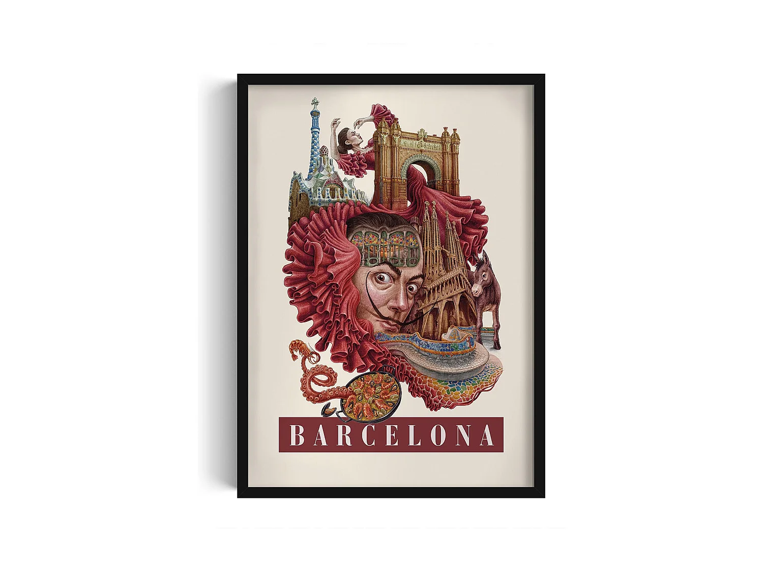Gerahmtes Bild, spanischer Stadtdruck, schwarze Rahmenkunst Barcelona, ​​städtisches Dekor Barcelona, ​​50x70 cm.
