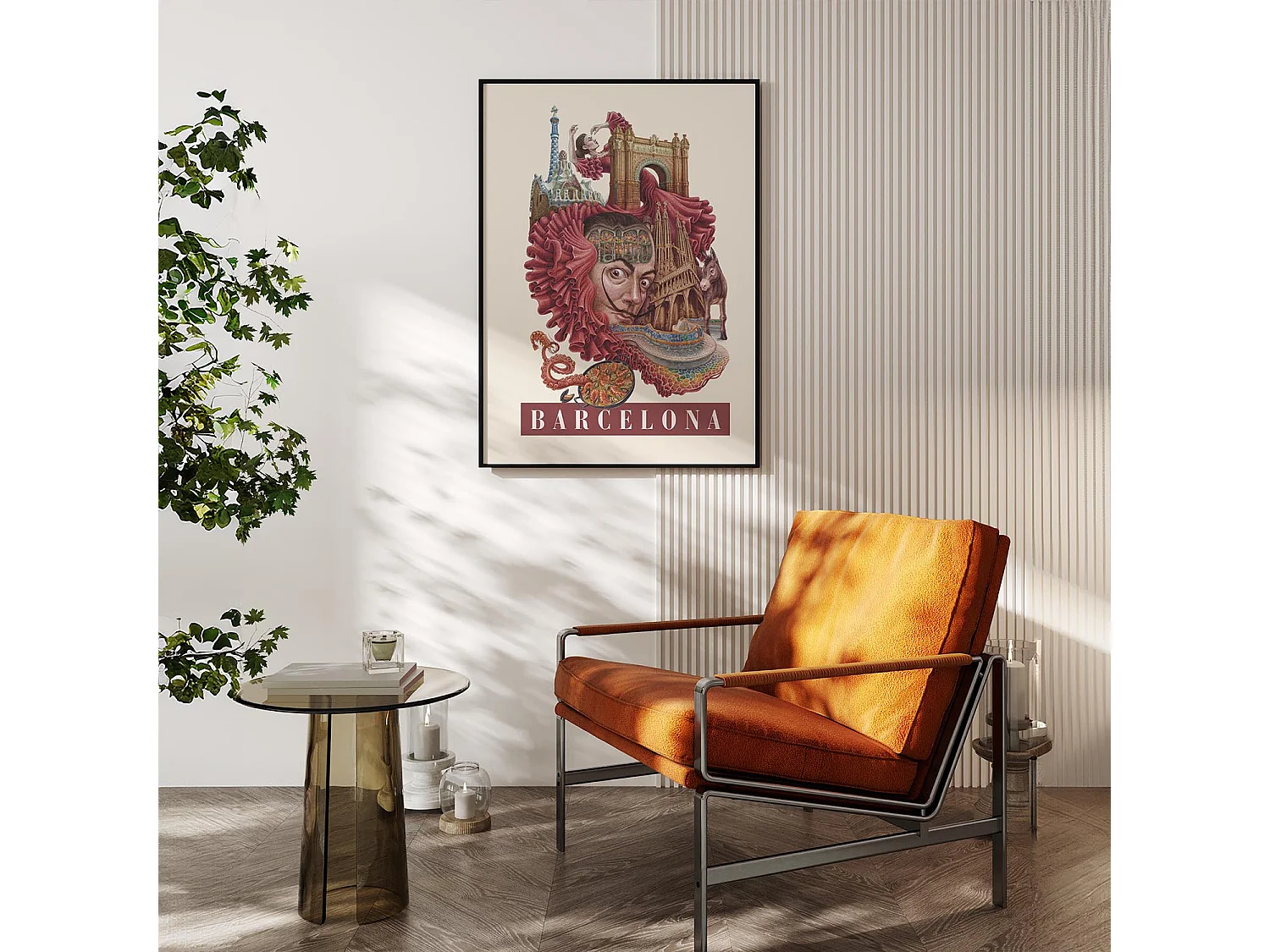 Gerahmtes Bild, spanischer Stadtdruck, schwarze Rahmenkunst Barcelona, ​​städtisches Dekor Barcelona, ​​50x70 cm.