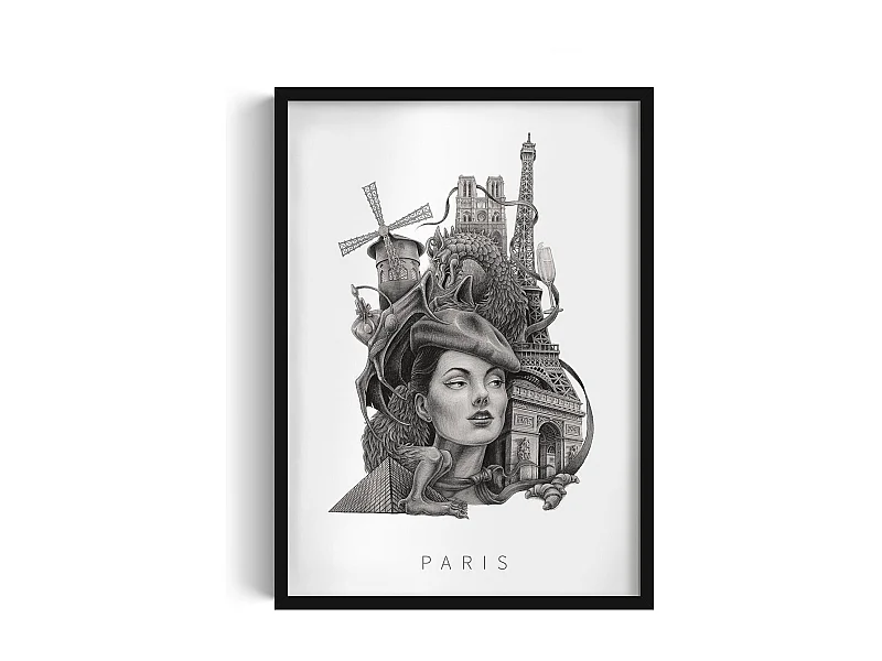 Image dans un cadre, décoration française moderne, cadre noir art Paris, imprimé Paris minimaliste, design Paris 50x70 cm.