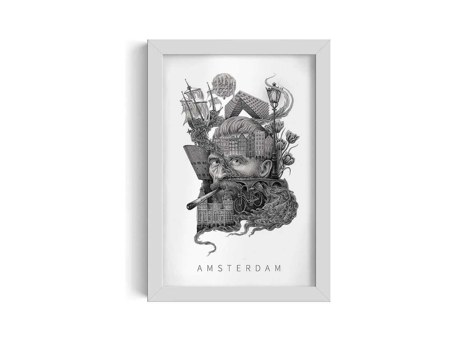 Image encadré, décor hollandais élégant, cadre blanc art Amsterdam, image urbaine 20x30 cm Amsterdam.